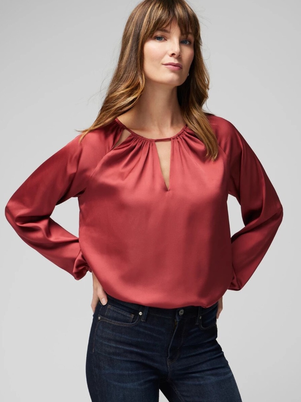 WHITE HOUSE BLACK Market Long Sleeve Cutout Detail Blouse In Sienna NEW Medium